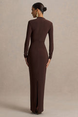 Zadie | Brown High-Neck Maxi Dress With Gathered-Detail