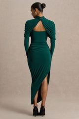 Aneira | Bottle Green High-Neck Maxi Dress With Cape Sleeves
