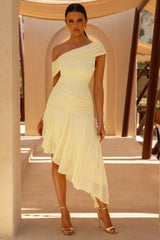 Lova | Lemon Ruched Asymmetric Maxi Dress With Ruffle Hem