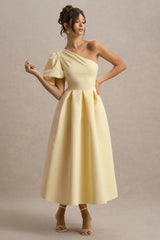 Rochelle | Pale Lemon Asymmetric Puff-Sleeve Midi Dress