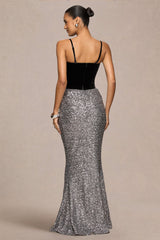Aeris | Black Velvet And Silver Sequin Plunge-Neck Maxi Dress