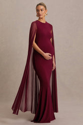 Currant | Berry High-Neck Maternity Maxi Dress With Cape