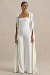 Zara | White Square-Neck Jumpsuit With Cape Sleeves