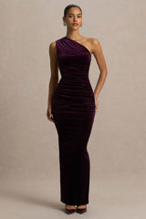 Treat | Burgundy Velvet Asymmetric-Neck Maxi Dress With Ruched Detailing.
