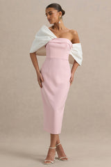Lucille | Rose & Pink Asymmetric Bardot Midi Dress With Bow Detail