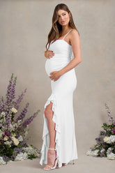 Susan | White Maternity Bandeau Ruffle Maxi Dress With Thigh Splits