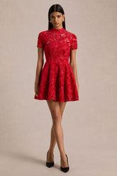 Roam | Red Lace High-Neck Mini Dress
