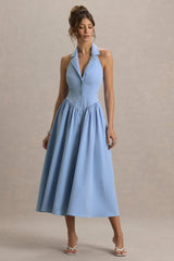 Samsara | Light Blue Plunge-Neck Collared Midi Dress