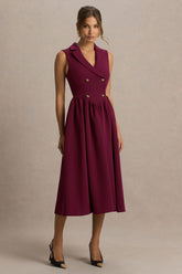Lisa | Burgundy Plunge-Neck Tailored Midi Dress With Button-Detailing