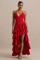 Bogota | Red Plunge-Neck Maxi Dress With Ruffling Details And Front High Split