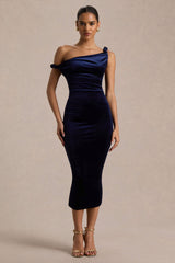 Carella | Navy Velvet Twisted Asymmetric Midi Dress