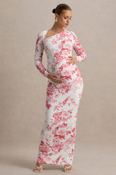 Vanette | Pink Floral Print Asymmetric Long-Sleeve Maternity Maxi Dress