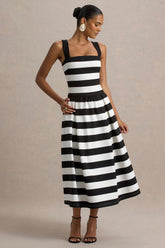 Monte Carlo | Black & White Striped Square-Neck Drop-Waist Midi Dress