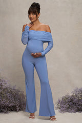 Count Down | Powder Blue Maternity Ruched Mesh Bardot Jumpsuit