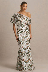 Iony | White And Green Embellished Sequin Floral And Mesh Asymmetric-Neck Maxi Dress