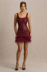 Rosalinda | Burgundy Sequin Square-Neck Mini Dress With Feather Trim