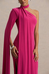Amal | Hot Pink Asymmetric-Neck Maxi Dress With Scarf and Cape Detail