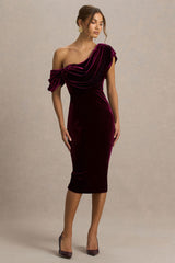 High End | Burgundy Velvet Asymmetric-Neck Midi Dress With Draped Detailing