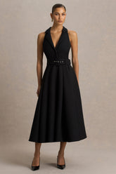 Alessa | Black Plunge-Neck Tailored Midi Dress