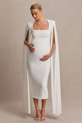 Flawless | White Square-Neck Maternity Midi Dress With Cape-Sleeves