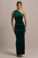Treat | Bottle Green Velvet Asymmetric-Neck Maxi Dress With Ruched Detailing