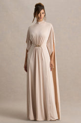 Olessia | Champagne Belted Gathered Cape-Sleeve Maxi Dress