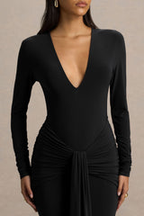 Saffie | Black Extreme-Plunge Wrap Maxi Dress With Long-Sleeves And Ruched Detailing