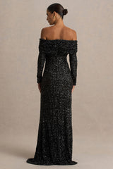 Obsession | Black Sequin Bardot-Neck Maxi Dress With Long Sleeves