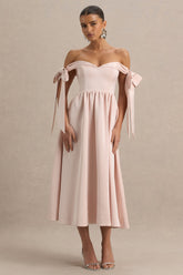 Agafay | Rose Pink Satin Short-Sleeve Bardot Wrap Midi Dress With Bow Detail