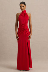 Lenora | Red Halter-Neck Maxi Dress with Ruched Detailing and Split
