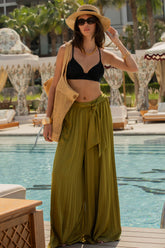 Tyrell | Olive Pleated Satin Wide-Leg Trousers