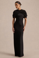 Yoli | Black Satin Maxi Dress With Removable Twist-Cape