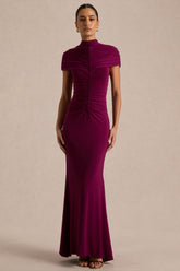 Azaria | Burgundy High-Neck Maxi Dress With Ruched Detailing