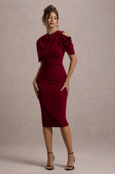 Dorothea | Berry Draped Midi Dress With Cape