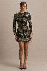 Moonlit | Winter Floral Mesh And Sequin Crew-Neck Mini Dress