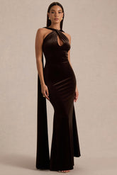 Layli | Brown Velvet Halter-Neck Maxi Dress With Cape