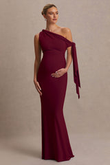 Orielle | Burgundy Asymmetric-Neck Maternity Maxi Dress With Knot-Sleeve And Sash