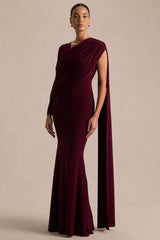 Rubelle | Burgundy Asymmetric Neck Maxi Dress With Draped Detailing