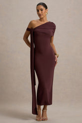 Praia | Burgundy Asymmetric-Neck Midi Dress With Sash and Draped Detailing