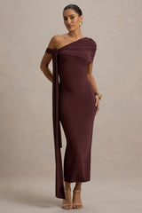 Praia | Burgundy Asymmetric-Neck Midi Dress With Sash and Draped Detailing