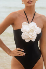 Daisy Delight | Black & White Halter-Neck Swimsuit With Corsage