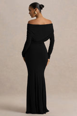Cilla | Black Bardot-Neck Maxi Dress With Ruched Detailing