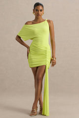 Marci | Lime Green Asymmetric Ruched Mini Dress With Sash