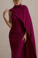 Maeve | Burgundy Cape-Sleeve Draped Maxi Dress