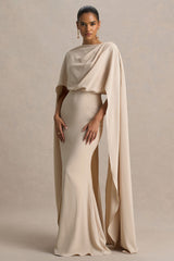 Pristina | Sand Boat-Neck Woven Maxi Dress With Cape Detail