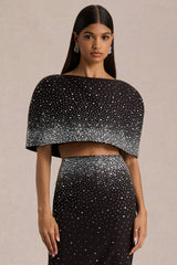 Luxy | Black Embellished Boat-Neck Crop-Top With Cape-Sleeves