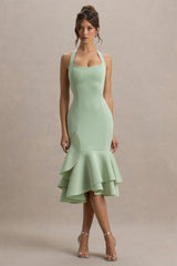 Arla | Light Green Halter Neck Ruffle Trim Midi Dress