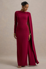 Frances | Burgundy High-Neck Maxi Dress With Cape Detail