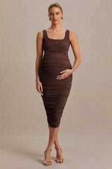 Lisbon | Brown Maternity Square Neck Ruched Midi Dress
