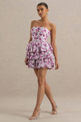 Swirl | Cream Floral Print Bandeau Puffball Mini Dress With Ruffle Detail